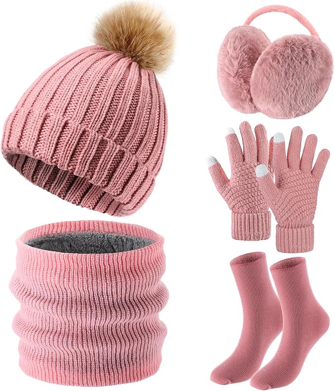 SATINIOR 5 Pcs Winter Hat Scarf Gloves Set Fleece Warm Lined Knit Beanie Hat Touch Screen Earmuff Gloves Warmer for Women(Pink,Cool Style)