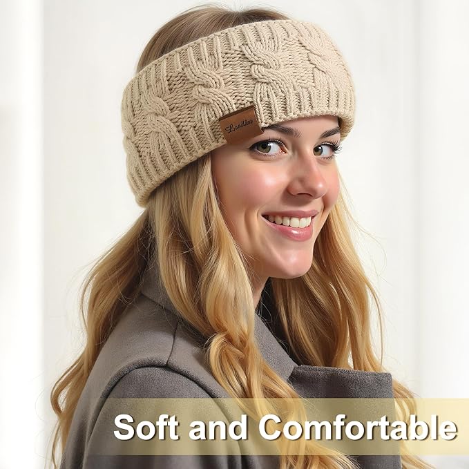 Loritta 2 Pack Headbands for Women Winter Warm Cable Knit Ear Warmer Thick Head Wrap Fuzzy Fleece Lined Gifts