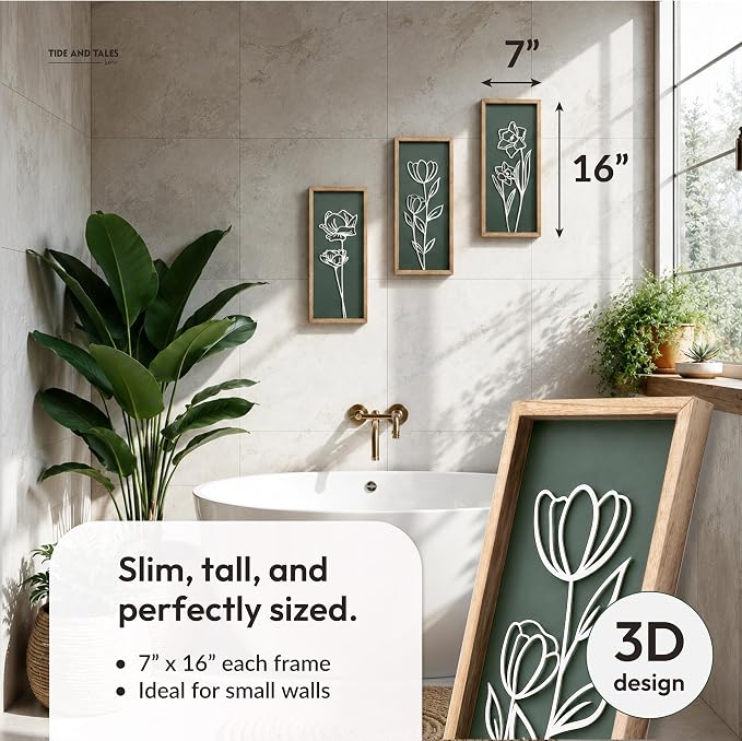 Tide and Tales 3d Green Wall Art, Wooden Botanical Wall Decor, Set of 3 | 7" x 16", Lightweight, Framed Ready-to-Hang, Bathroom Wall Decor, Bedroom, Living Room, Office, Farmhouse, Gift-Boxed