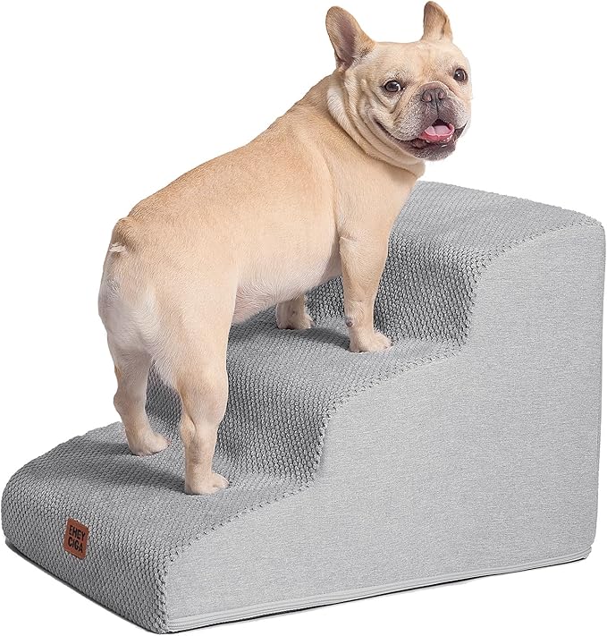 EHEYCIGA Curved Dog Stairs Ramp, 3-Step Dog Steps, 15.7" H Pet Step | 33D density of pure foam, for Small Dogs and Cats, Pet Stairs for High Bed Climbing, Non-Slip Balanced Indoor, Light Grey