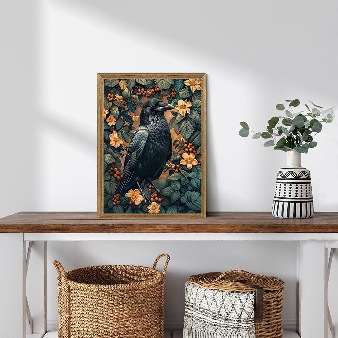 ICHZUMW Framed William Morris Raven Dark Academia Canvas Wall Art 12x16 In | Gothic Dark Cottagecore Crow Painting, Moody Floral Wall Decor for Bedroom Living Room Bathroom Office, Ready to Hang