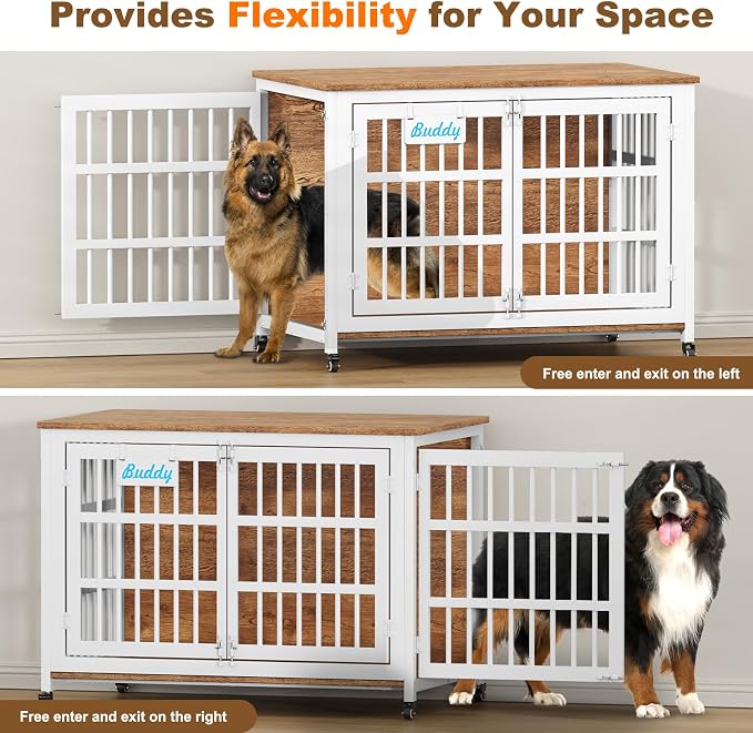 EasyCom 46"/42"/33" XXL Heavy Duty Dog Crate Furniture with Casters | Dog Kennel Indoor with Name Tag, Escape-Proof and Chew-Proof Dog Cage for Large High Anxiety Dog, as End Table