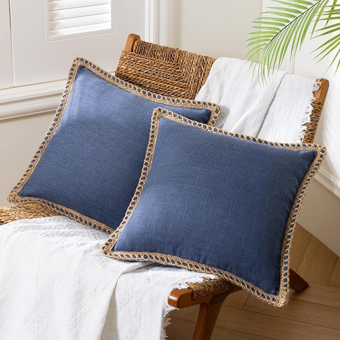 Phantoscope Pack of 2 Farmhouse Decorative Throw Decorative Pillow Cover Burlap Linen Trimmed Tailored Edges Navy Blue, Plain, 20 x 20 inches, 50 x 50 cm