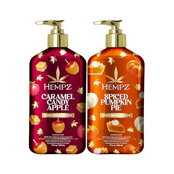 Hempz Fall Body Lotion 2-Pack, Pumpkin Pie and Caramel Apple Moisturizer, Hostess Gift, Winter and Fall Body Care Routine, 17 oz Duo
