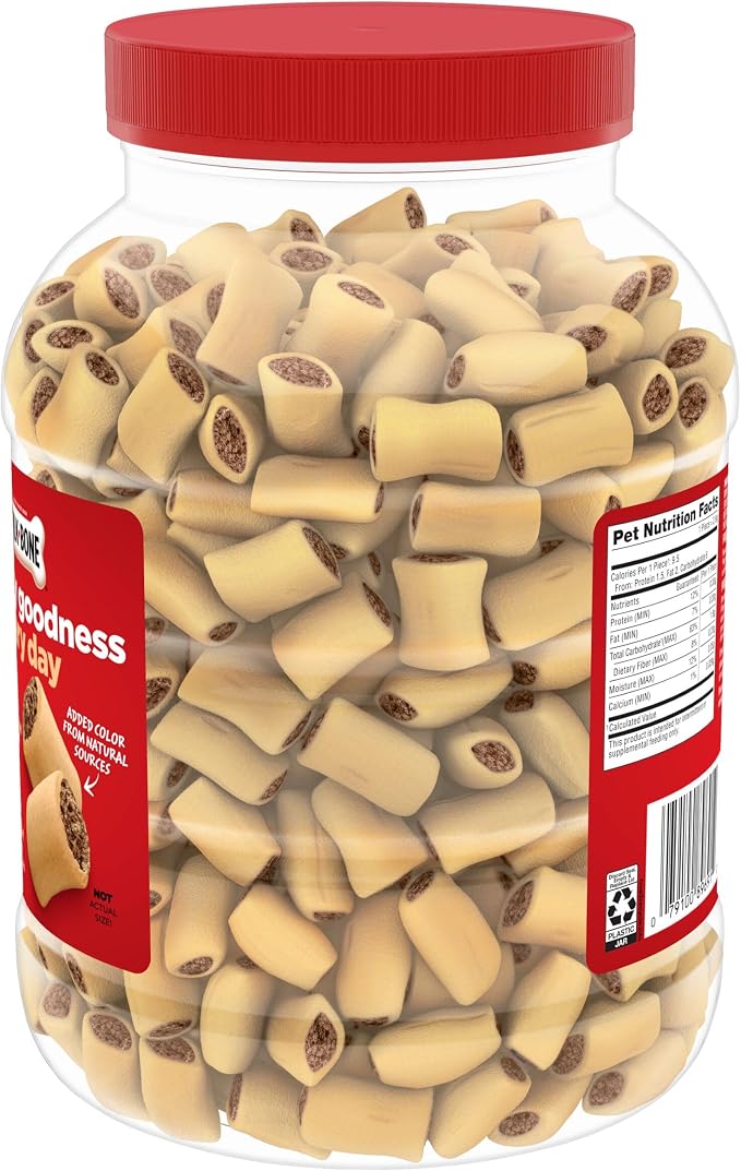 Milk-Bone MaroSnacks Peanut Butter Flavor Dog Treats, 40 oz Canister | Made with real bone marrow, crunchy outside & meaty flavor inside, 9.5 calories each, training treats, artificially flavored