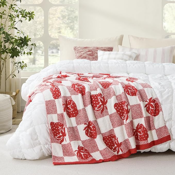 Snuggle Sac Starwberry Throw Blanket for Couch, Microfiber Fluffy Warm Cozy Fuzzy Reversible Checkered Blankets for Sofa, Chair, Bed, 50x60 inches
