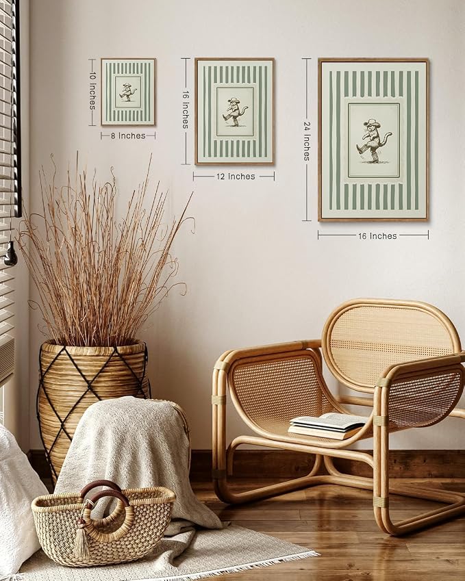 ZZLWBKGL Western Wall Decor Cowboy Cat Canvas Art Nursery Framed Wall Art | Vintage Artwork Boho Striped Paintings Funny Animal Picture for Living Room Kids Room Bedroom 8x10in