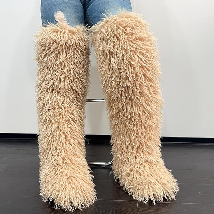 SWEETHEART BEAUTY Thigh High Shagy Teddy Fur Boots, 29 Inch Over the Knee Length Fluffy High Boots, Tall Furry Shoes For Women