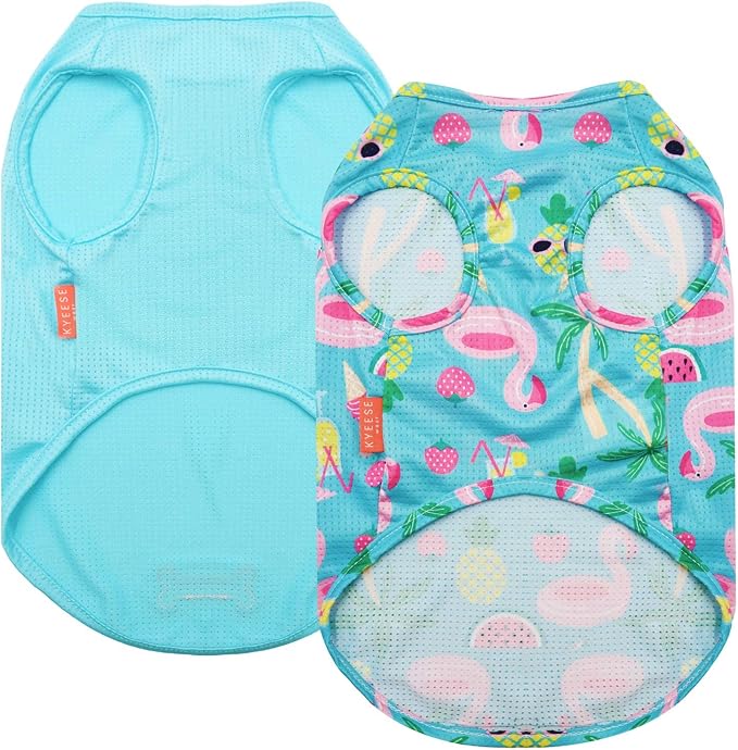 KYEESE 2Pack Dog Shirt, Lightweight Sun Protection Dog T Shirts for Small Dogs Boy Girl, Breathable Mesh Tank Top Sleeveless Pet Reflective Vest, Soft Summer Dogs Clothes, Flamingo+Blue, L