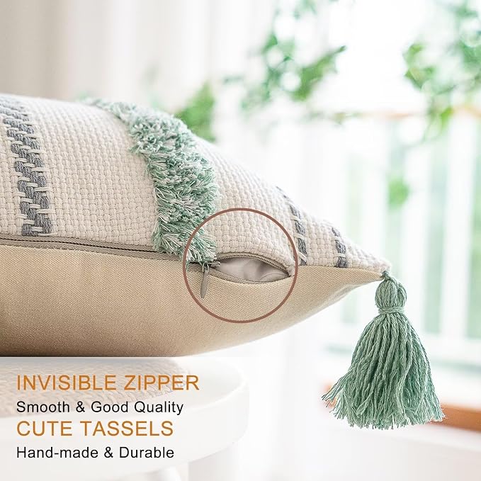 BUIOVBEY Boho Throw Pillow Covers Woven Tufted Pillow Cases with Tassels | Farmhouse Pillow Covers 12x20 Set of 2 Textured Striped Cushion Case Neutral Decorative Pillowcase for Sofa Couch Light Green