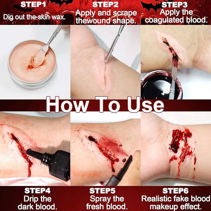Yosca 6Pcs Halloween Fake Blood Makeup Kit, Realistic Washable Fake Blood Spray, Dripping, Coagulated, Scar Wax for Halloween Face Red Body Paint, Clown Vampire Monster Zombie Scar Makeup Kit
