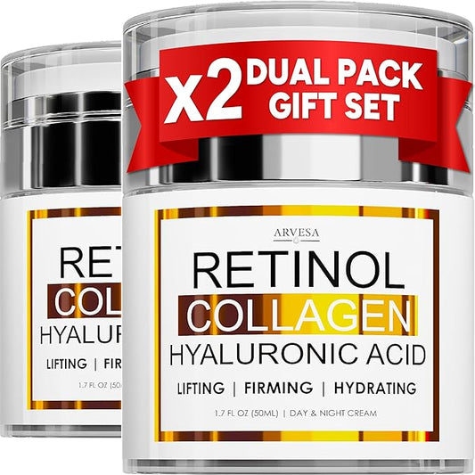 (2 Pack) Retinol Cream for Face with Collagen and Hyaluronic Acid - Anti Aging Wrinkle Cream for Women and Men - Day and Night Facial Moisturizer for Tightening and Skin Firming