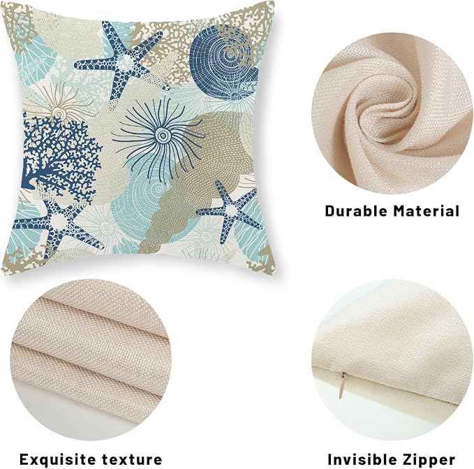 Nautical Coastal Pillow Covers 18x18 Inch Set of 2, Beach Themed Ocean Throw Pillows Starfish Seashell Decorations Summer Pillowcase Linen Outdoor Decor Farmhouse Cushion Case for Home Bedroom