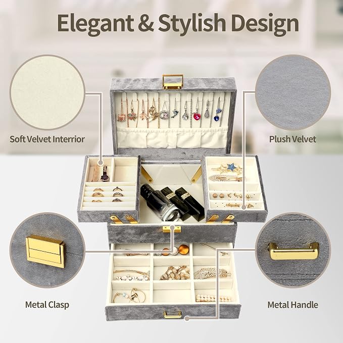 Jewelry Organizer Box, Large Velvet Jewelry Boxes for Women Girls, Space-Saving 3 Layers Jewelry Storage Case with Drawer, Movable Metal Stand, Modern, Gift Idea (Grey)