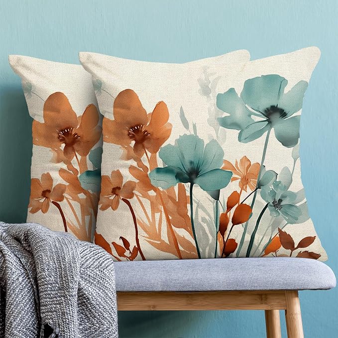 Floral Pillow Covers 18x18 Inches Set of 2 Fall Orange Teal Floral Throw Pillow Cover Outdoor Summer Flower Decoration Pillowcase Farmhouse Decorative Square Cushion Cover Decor for Home Sofa