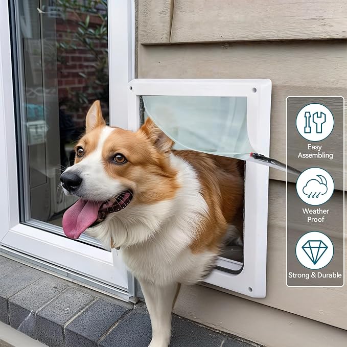 PAWISE 2 Way Dog Door, Lockable Dog Flap with Durable Metal Panel & Flexible Transparent Flap, Weatherproof & Easy Install Pet Door for Dogs, Quiet and Energy-Efficient Design Doggy Door (11.8"x12.2")