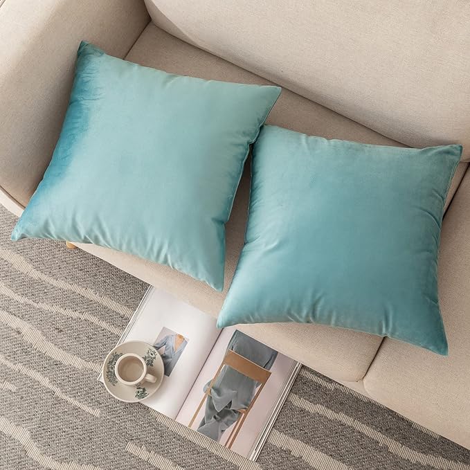 NiNi ALL LightBlue Velvet Throw Pillow Covers 22x22 Pack of 2 Decorative | Soft Solid Boho Cushion Squar Pillow Cases for Chair Sofa Bedroom Farmhouse Living room Modern Luxury Home Decor Christmas