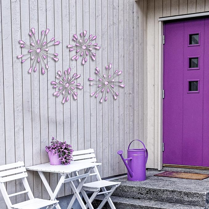 Hicarer 4 Pcs Starburst Wall Decor Bling Wall Art Crystal Teardrop 3D Hanging Rhinestone Radial Metal Artwork Modern Accent Sculptures Decorations for Living Room Home Office Bedroom(Purple)