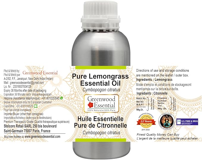 Greenwood Essential Pure Lemongrass Essential Oil (Cymbopogon citratus) Steam Distilled 300ml (10.1 oz)