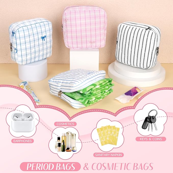 Likesing Quilted Period Bag, Period Pouches for Teen Girls Womens, Portable Floral Print Sanitary Napkin Storage Bag Feminine Emergency Tampon Pad Pouch(Pink Dot Clash)