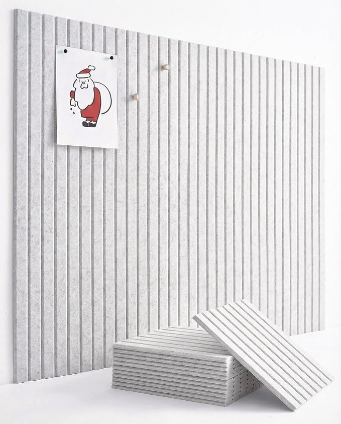 Large Felt Bulletin Board 48 x 36 Inch - 12-Pack Square Acoustic Wall Panels, Cork Board Alternative, NRC 0.95, Damage-Free Adhesive, Slatted Design for Home, Classroom (Marble)