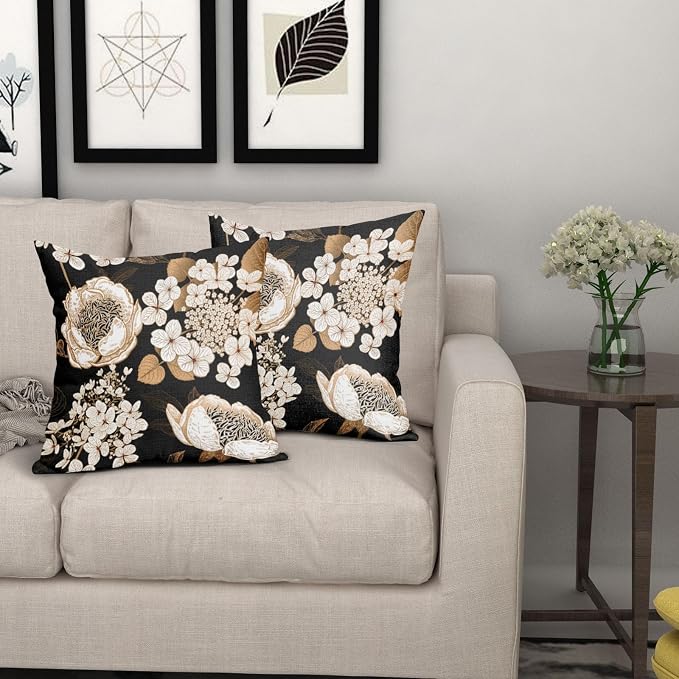 Vintage Flowers Pillow Covers 22X22 Inch Set of 2 White Floral Gold Leaves Botanical Decorative Pillow Cases Rustic Black Cotton Linen Cushion Case Farmhouse Home Decor for Sofa Couch Living Room