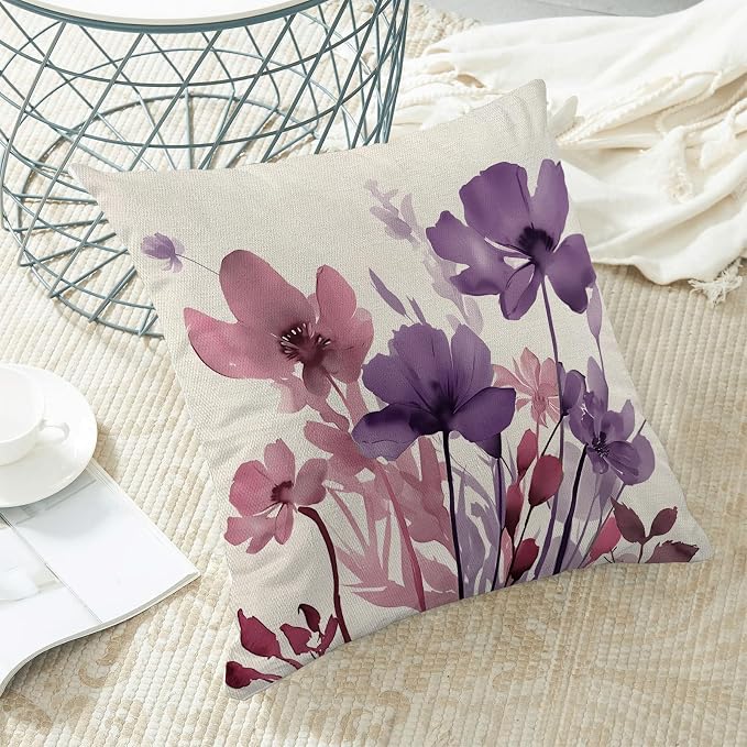 Floral Pillow Covers 18x18 Inches Set of 2 Pink Purple Floral Throw Pillow Covers Outdoor Rustic Spring Summer Flower Decoration Pillowcase Farmhouse Decorative Cushion Cover for Home Couch