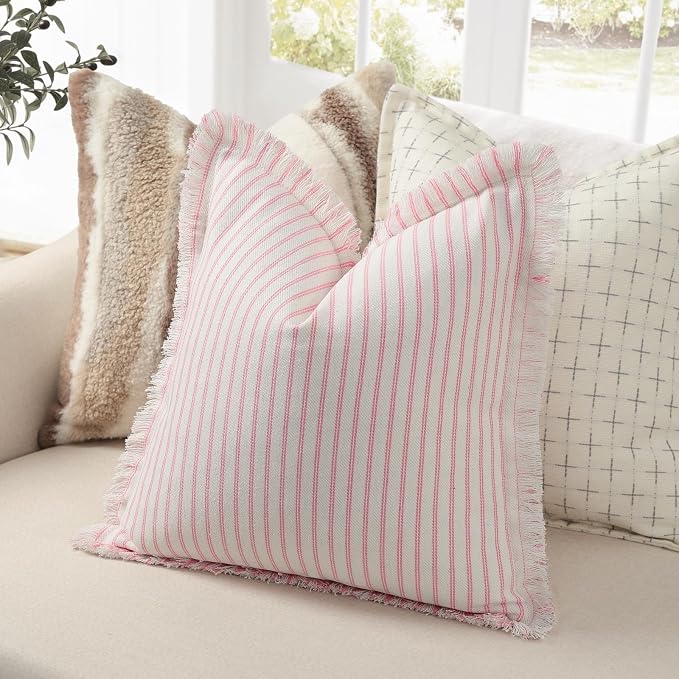 Throw Pillow Covers 26x26 Set of 2 Striped Pillow Covers with Fringe Chic Cotton Decorative Pillows Square Cushion Covers for Sofa Couch Bed Living Room Farmhouse Decor, (Pink)