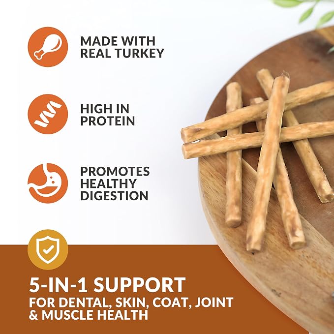 Wild Eats Turkey Collagen Sticks for Dogs 25 Pack, Bully Stick Alternative | Rawhide and grain free no hide chew treats, 0.6 cm chew width, high protein, long lasting, satisfies natural gnawing urges