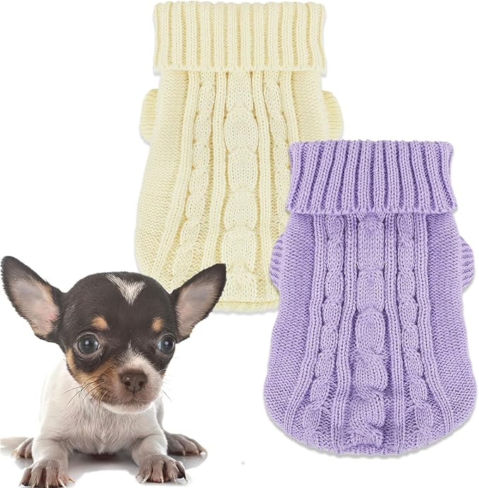 2 Pack Dog Sweaters for Small Dogs, Chihuahua Yorkie Sweater, Puppy Clothes Winter Warm Pullover Clothing, Pet Cat Cold Weather Puppy Cold Outfits (Beige+Purple X-Small)