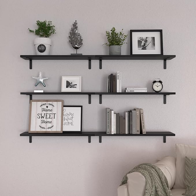 Wood Floating Shelves Set of 6, 24 inch Long Floating Shelves for Wall Decor, Farmhouse Shelf for Bedroom, Bathroom Storage Shelves, Book Shelves for Living Room - Black