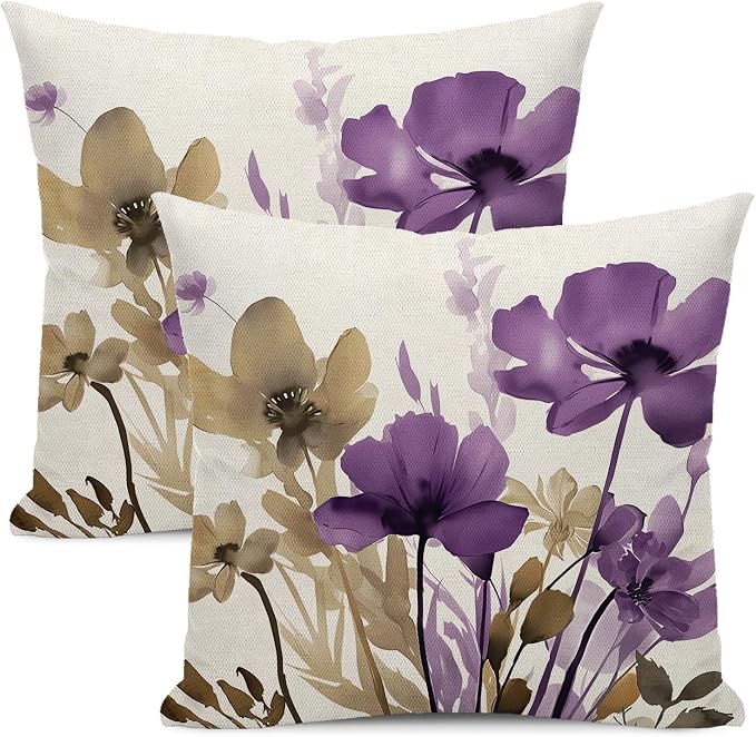 Spring Floral Pillow Covers 18x18 Inches Set of 2 Brown Purple Floral Throw Pillow Cover Outdoor Summer Flower Decoration Pillowcase Farmhouse Decorative Linen Cushion Cover for Home Couch