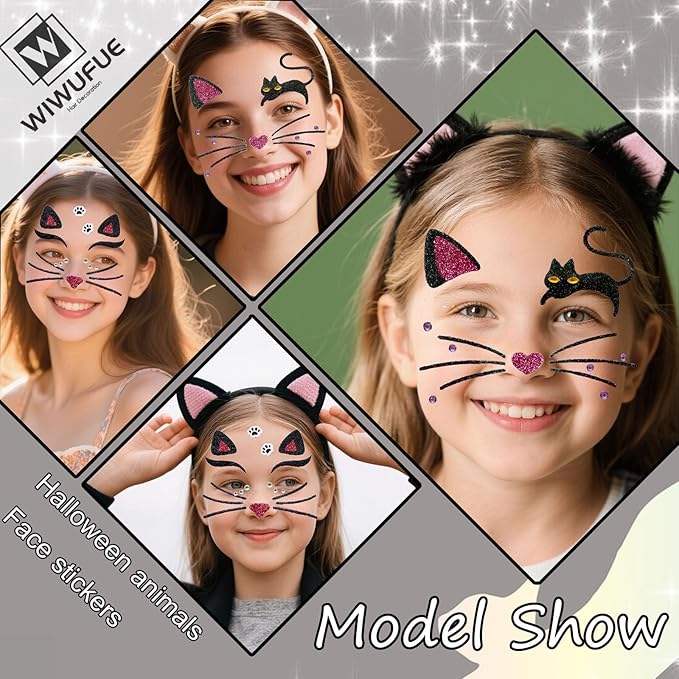 Cat Glitter Face Tattoo Stickers for Kids - - Temporary Body Art Makeup for Halloween, Cosplay, Birthday Party, Festival -Waterproof Fake Tattoo Stickers - 2Pcs (Animal Design)