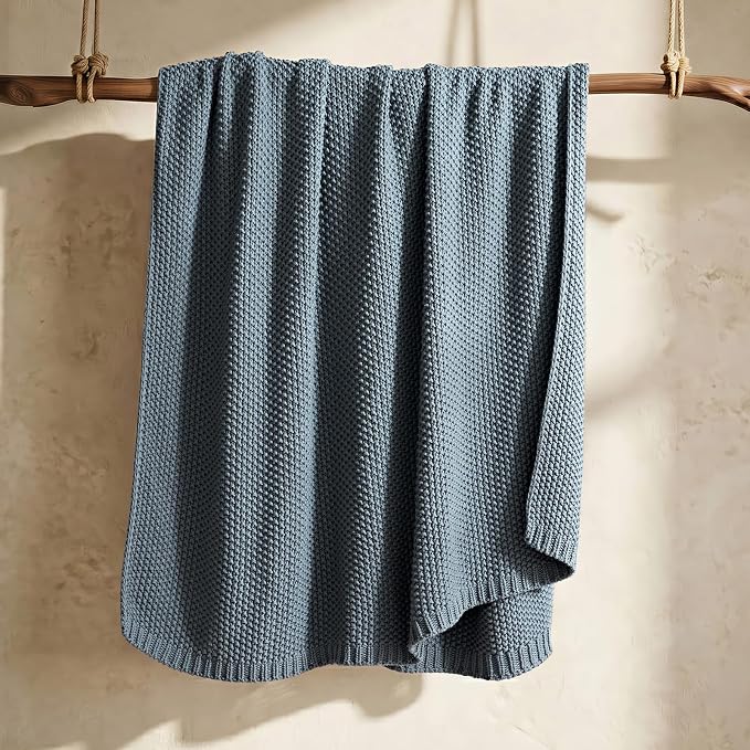 Organic Cotton Chunky Knit Throw Blanket, 50 x 60 Dusk Blue | OCS Certified Organic Cotton, Seed Stitch Knit, Soft & Breathable, Cozy Midweight, Decorative Throw for Couch, Bed & Sofa