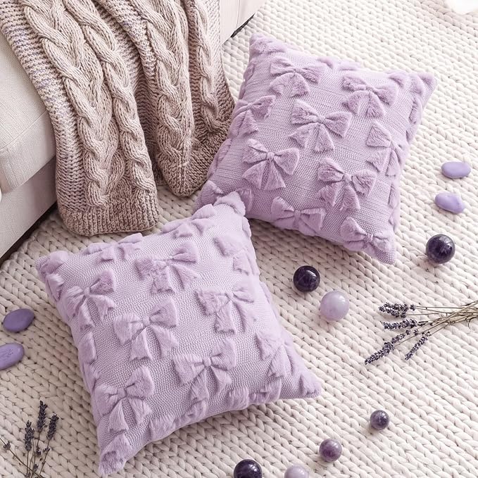 Mixweer Purple Bow Pillow Covers Set of 2 Preppy Room Decor Coquette Cute Spring Summer Decorative Faux Fur Soft Bowknot Stuff Fluffy Plush Aesthetic Pillowcase for Bed Sofa Couch (18 x 18 Inch)