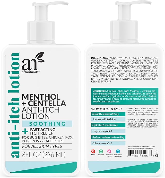 Artnaturals Anti-Itch Lotion – 8oz Fast Relief with Menthol & Centella – Soothes Bug Bites, Poison Ivy, Chicken Pox & Allergies – Hydrating, Non-Greasy Formula for All Skin Types