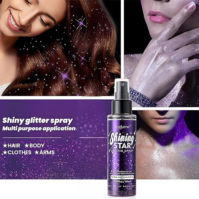 Body Glitter,100ML Body Glitter Spray,Glitter Spray for Hair/Body/Clothes,Long-Lasting and Quick-Drying Purple Glitter Hairspray Suitable for Stage, Festival Rave and Makeup Prom(3.38 Fl Oz)