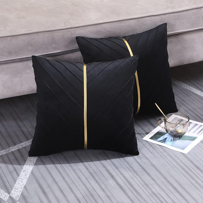 Velvet Throw Pillow Covers 24x24 inch Pack of 2 Gold Decor Black | Soft Solid Pillow Covers,Modern Luxury Home Decor,for Couch Chair Sofa Bedroom Livingroom,Hidden Zipper,Ideal Gift,Easy Care