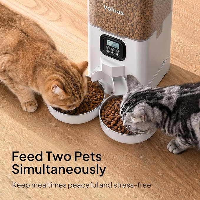 VOLUAS Automatic Cat Feeder for Two Cats with Dual Stainless Bowls, 6L | Programmable Portion Control, Timed Feeding, Memory Function, Dual Stainless Steel Bowls, 10-Second Voice Recorder