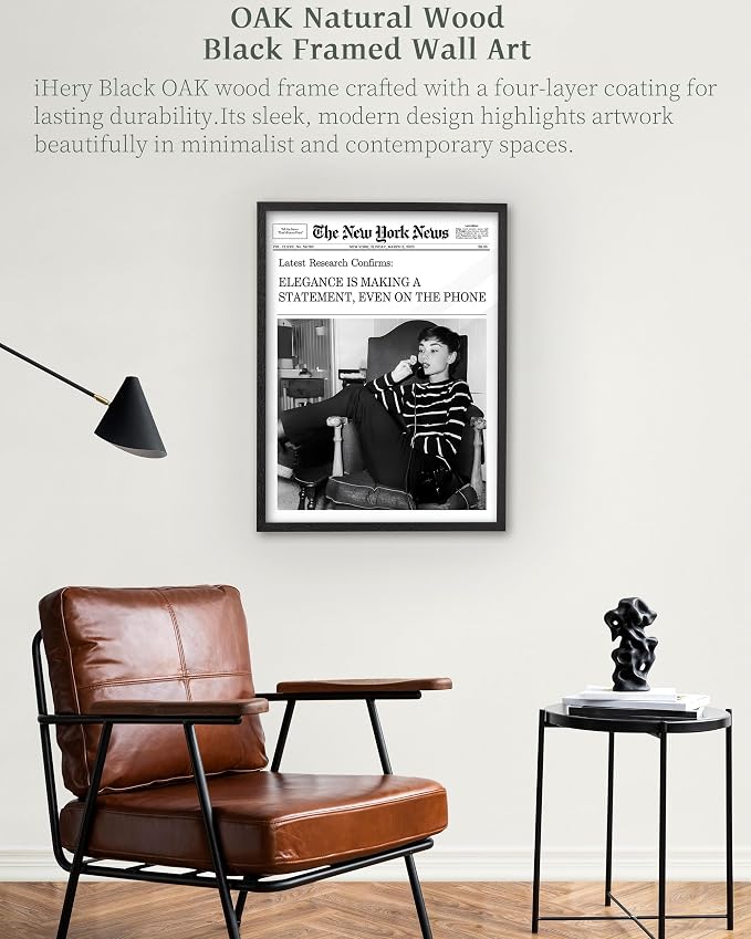 iHery 16x20in Audrey Hepburn Elegance Framed Newspaper Wall Art | Premium Black OAK Wood Frame with Canvas Print, Vintage Newspaper Decor for Bedroom, Living Room, Office 1Pack