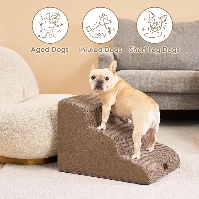 EHEYCIGA Curved Dog Stairs Ramp, 3-Step Dog Steps, 15.7" H Pet Step | 33D density of pure foam, for Small Dogs and Cats, Pet Stairs for High Bed Climbing, Non-Slip Balanced Indoor, Camel