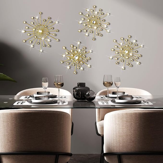 Blulu 4 Pcs Metal Wall Decor Bling Crystal Wall Art Cast Iron Rhinestones Sunburst Decor Starburst Art Hanging Diamond Accents Home Decorative for Living Room Bedroom Entryway(Gold)