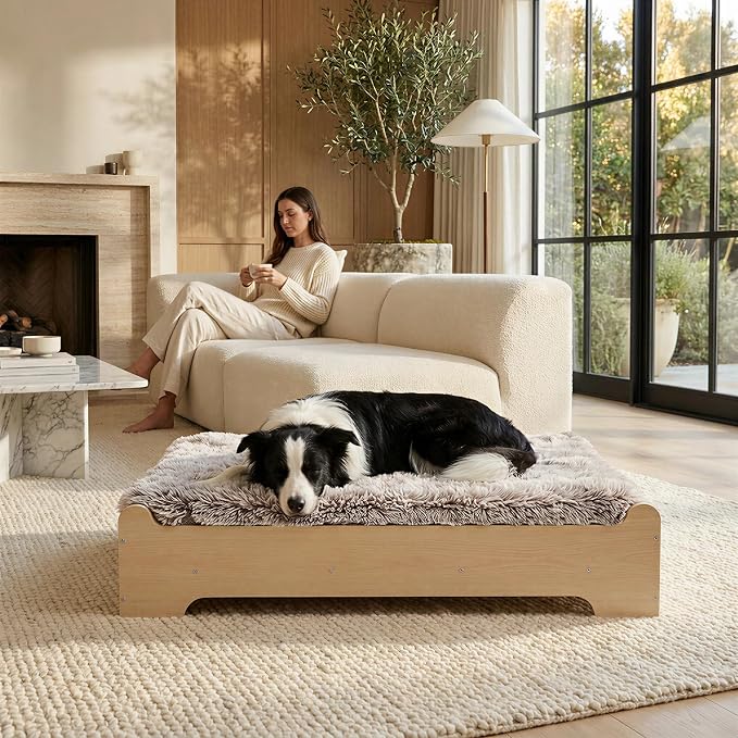 Elevated Wood Dog Bed Frame with Foam Mattress, WoodPattern, L | Raised Dog Bed with Washable Cover, Furniture-Style Design for Indoor Living