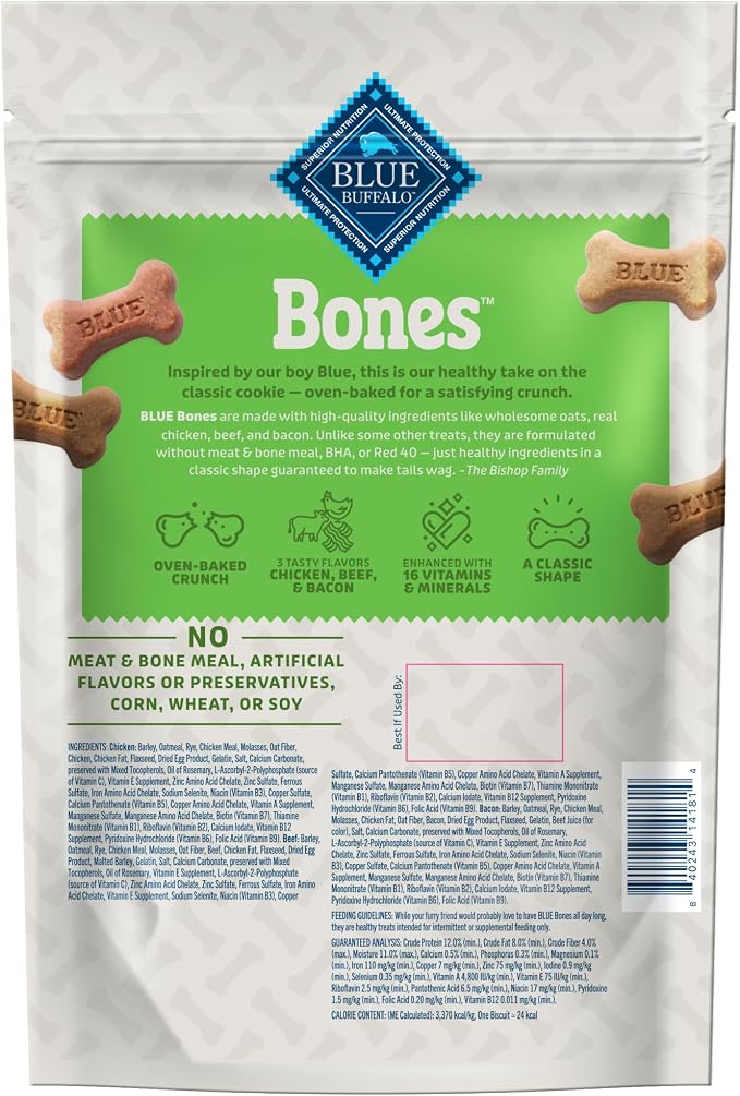 Blue Buffalo Bones Variety Pack Small Dog Biscuits, 16 oz, 4 ct | Assorted Beef, Chicken & Bacon Flavors, For Dogs 15 lbs. or More, No Corn, Wheat, or Soy