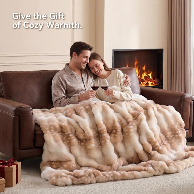 Faux Rabbit Fur Throw for Couch - Deer Brown Bubble Blanket 50"x60" | Fluffy Plush Fuzzy Fawn Throw for Sofa & Bed, Super Soft Cozy Comfrt Blanket,Luxury Aesthetic Deer Print Decor Gift for Women