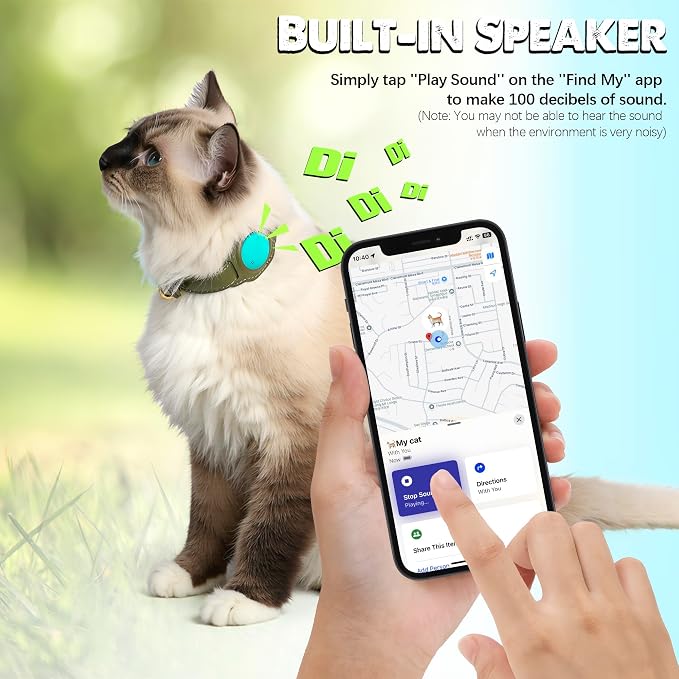 Cat Tracker, GPS Pet Tracker for Cats (Only iOS), Leather Cat Collar with Tracker, Works with Any Collar, No Monthly Fee, Compatible with Apple Find My App not for Android (Olive Green)