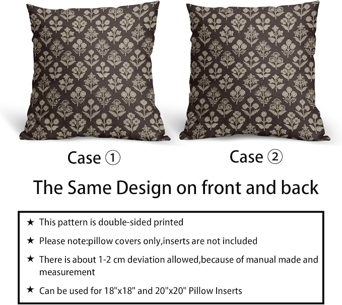Dark Brown Floral Block Print Pillow Covers 20x20 Inch Set of 2, Vintage Flower Pattern Decorative Throw Pillowcases Outdoor Farmhouse Cushion Covers Spring Summer Rustic Sofa Couch Bed Decor
