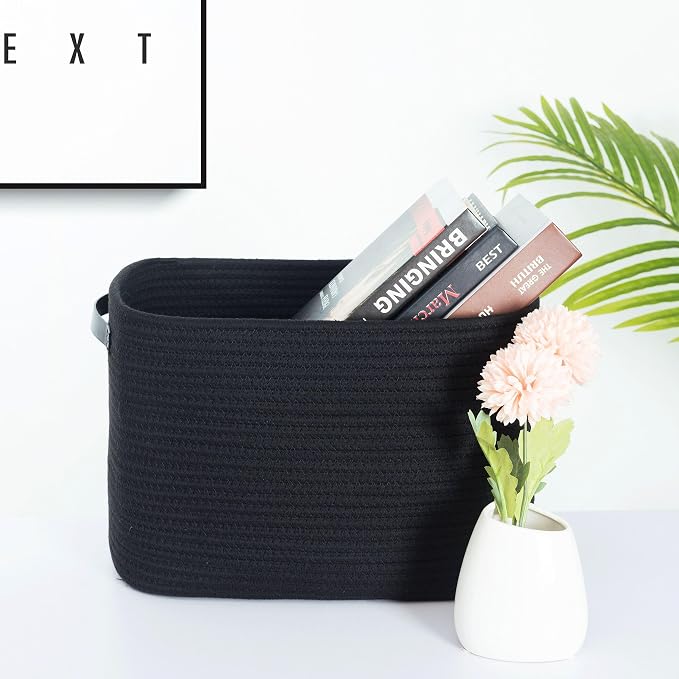 3-Pack Storage Baskets for Shelves, Decorative Baskets for Organizing, Woven Baskets for Storage, Book Basket Cube Bin Box, Pantry Closet, Shoe Organizer, Black / Black
