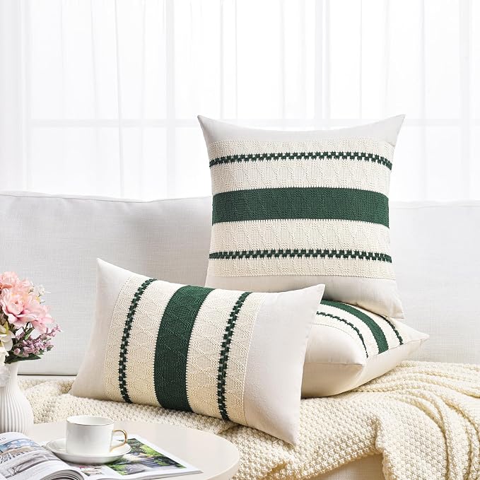 Fancy Homi Set of 2 Dark Green Boho Long LumbarDecorative Throw Pillow Covers 14x24 Inch for Couch Bed Sofa Bedroom, Modern Farmhouse Vintage Forest Green Living Room Decor