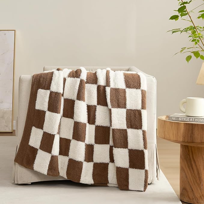 Snuggle Sac Brown Checkered Throw Blanket Faux Fur Microfiber Blankets for Couch,Cozy Soft Warm Blanket for Sofa Bedroom Living Room,Brown Checker,50x60 inches